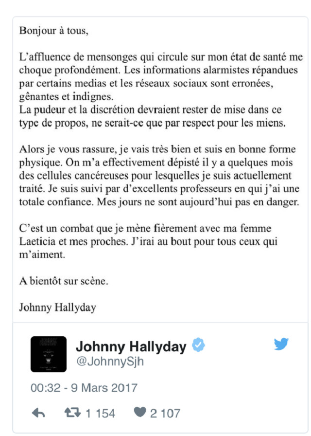 Johnny Hallyday annonce être soigné pour un cancer Johnny Hallyday annonce être soigné pour un cancer