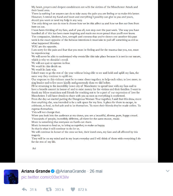 Ariana Grande sort de son silence après l'attentat de Manchester Ariana Grande sort de son silence après l'attentat de Manchester