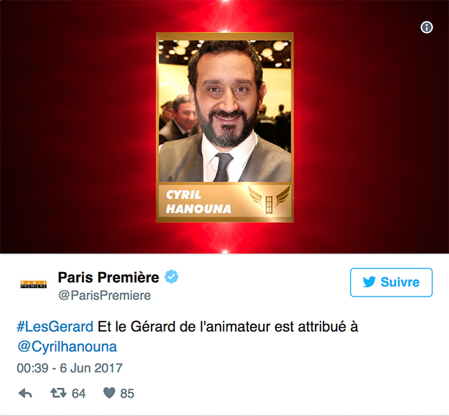 Le « Gérard du pire animateur » est attribué à : Cyril Hanouna Le « Gérard du pire animateur » est attribué à : Cyril Hanouna