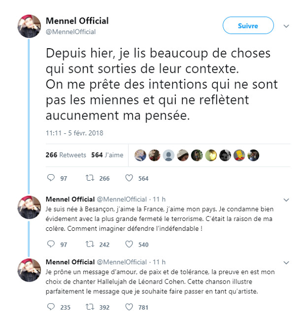 The Voice: Mennel rattrapée par des tweets controversés The Voice: Mennel rattrapée par des tweets controversés