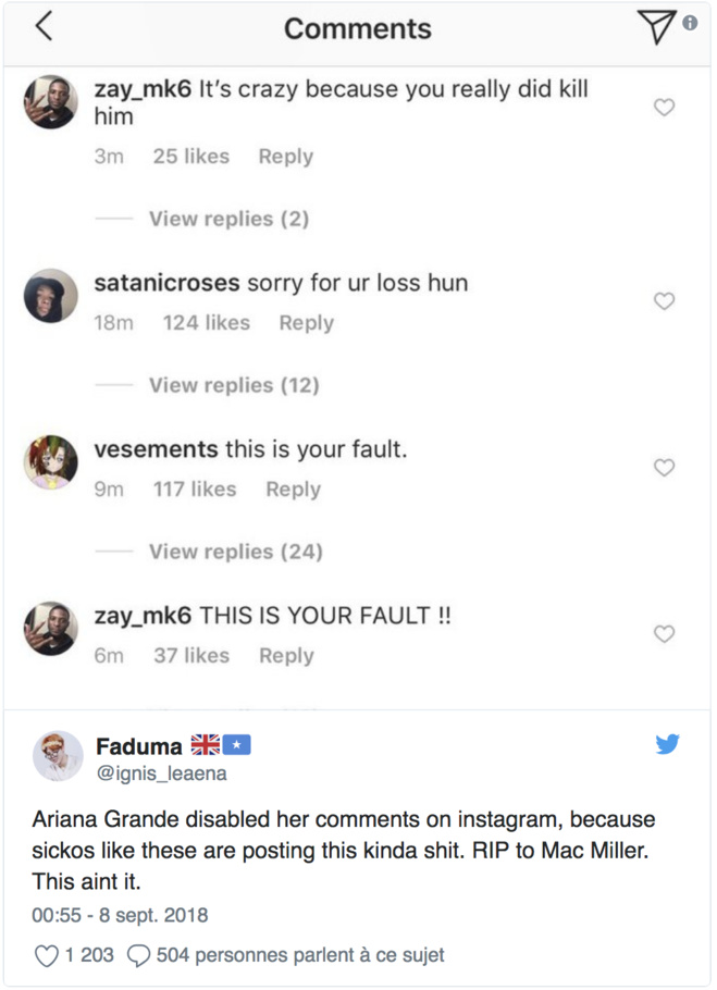 Ariana Grande est harcelée et insultée, après la mort du rappeur Mac Miller, son ex-compagnon