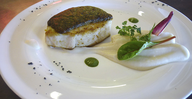 Pavé d’espadon en croûte d’herbes et crémeux chou-fleur