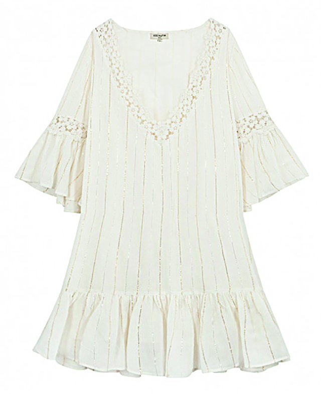 Mini robe blanche en crêpe froissé naturel, rehaussée de fines lignes or et argent - & Concept Store