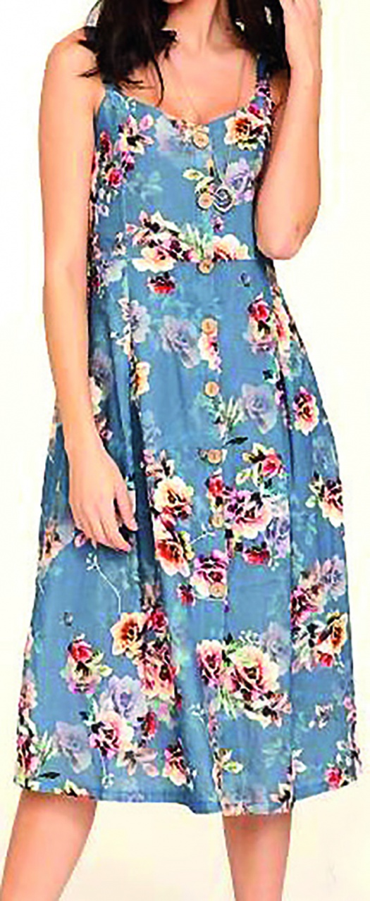 Robe à boutons sans manches longueur genoux, à l’imprimé floral romantique - Liliane Boutique