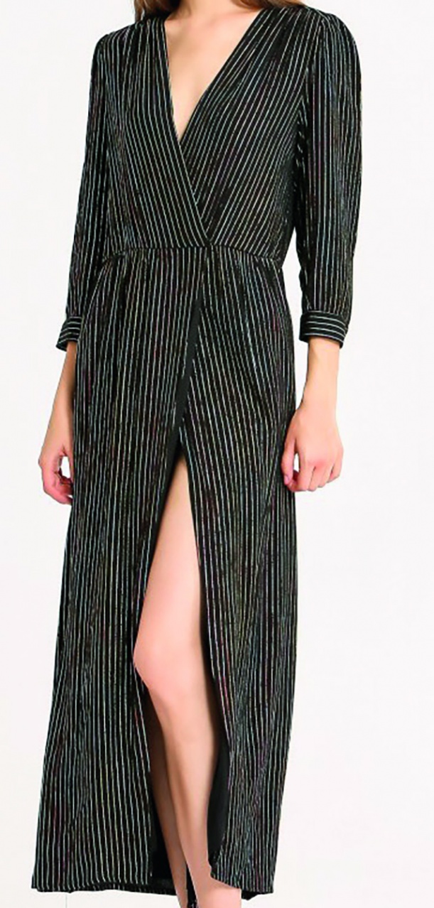 Robe See U Soon Paris, mi-long en effet portefeuille en noir avec rayures en lurex, taille élastique, chic et élégante. Matière en 100%viscose doublure en 100% polyester - Les Piplettes Shop