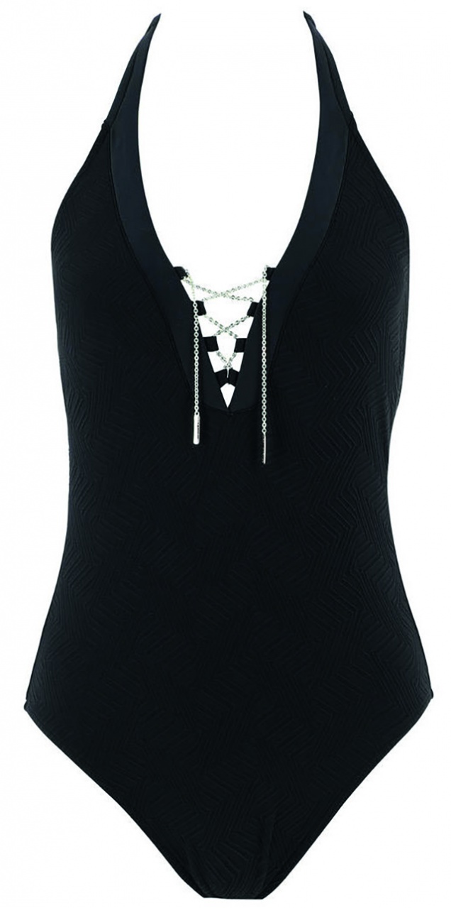 Maillot de bain Lise Charmel en maille opaque au motif chevrons tout en relief. Le décolleté est sublimé par des laçages en chaines argentées avec embouts siglés qui apportent une touche d’élégance pleine de sensualité, pour un look résolument contemporain et exquis - Sidiot Lingerie