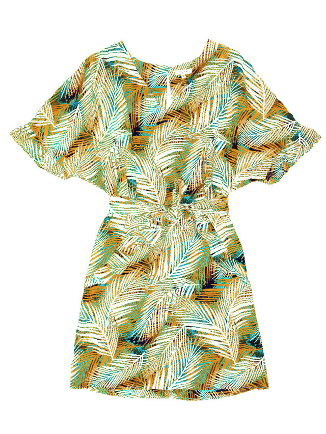 Robe Yuka, imprimé tropical, àmanches courtes, avec décolleté V a l’avant et ceinture avec passants du tissu principal. Doublure 100% coton, 69€ - Comme des Filles
