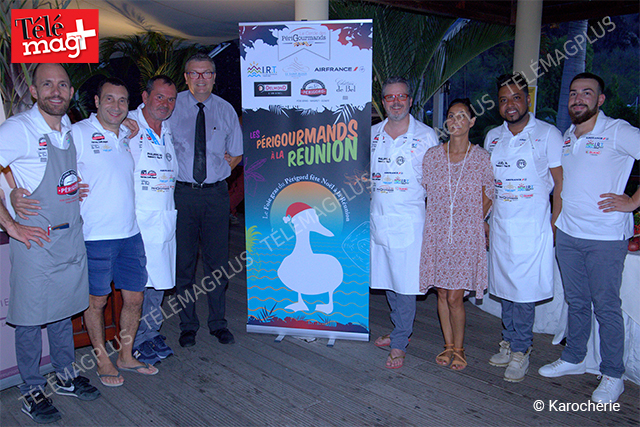 Alexandre Léon Animateur Association Foie gras du Périgord, Zinedine Soualem parrain de la soirée, Philippe Mesuron Master Chef, Eric Néant Directeur Adjoint du Saint-Alexis, Philippe Escaich Master chef, Juliette Moussa Responsable Commerciale du Saint-Alexis, Joël Rous Master Chef et Joss Den-Held Master Chef