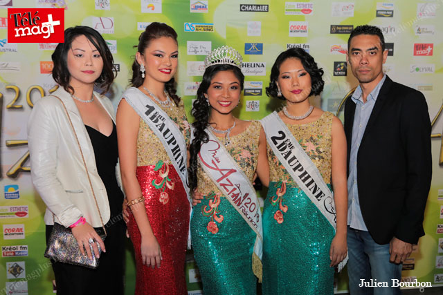 Weena Leong Kam Po, gérante de Fleurs de prunier, Marie-Delphine Li-Ah-Kane, 1ère dauphine Miss Azian 2018, Naïla Mall, Miss Azian 2018, Jade Moschitti, 2ème dauphine Miss Azian 2018 et Loïc Leong Kam Po